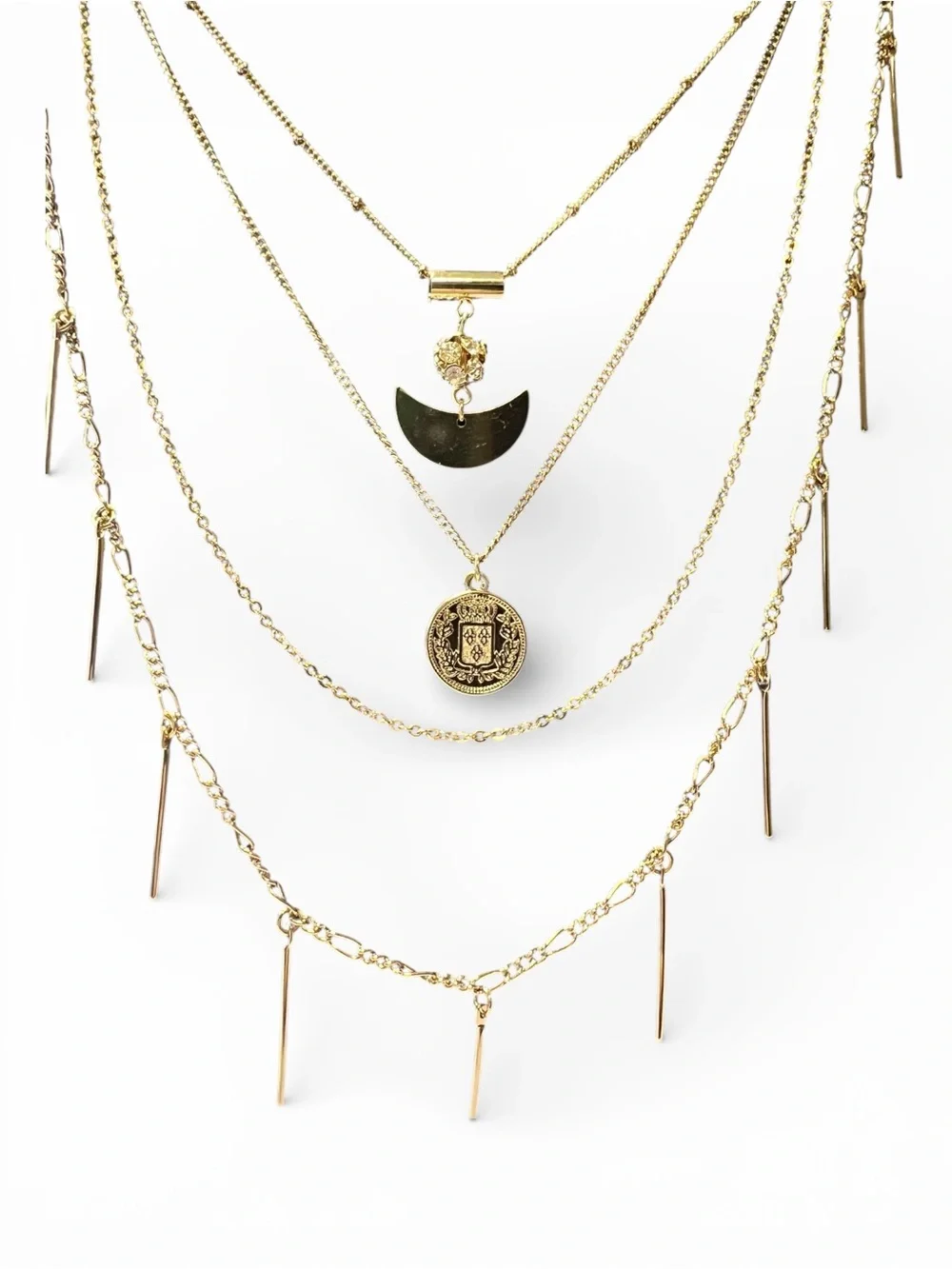 Gold 4 Layered Crescent & Coin Pendant Necklace Set - Picture 8 of 10